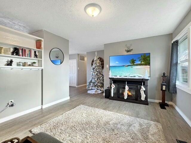 living room featuring light hardwood / wood-style floors and a textured ceiling