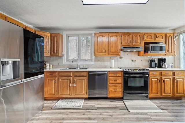 kitchen with decorative backsplash, sink, stainless steel appliances, and light hardwood / wood-style floors