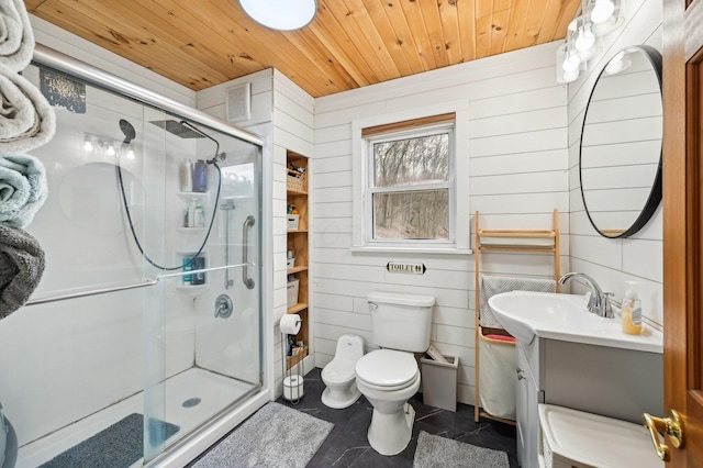 bathroom featuring wood walls, vanity, wood ceiling, and a shower with shower door