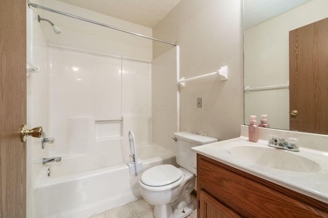 full bathroom with shower / bathing tub combination, vanity, a textured ceiling, and toilet