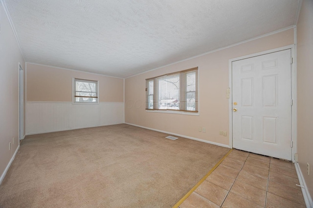 unfurnished room featuring a textured ceiling, light colored carpet, and plenty of natural light