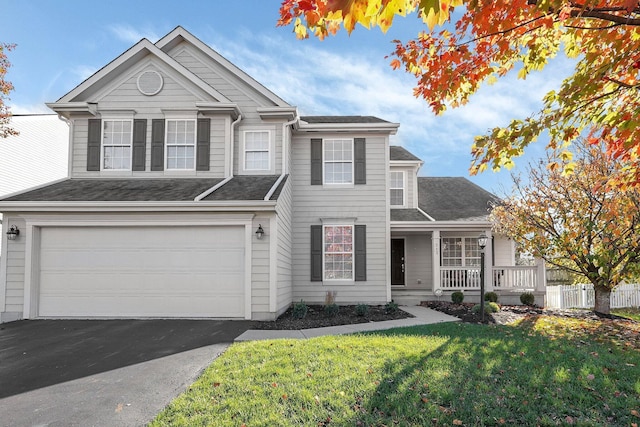 view of front facade with a front yard, a garage, and a porch