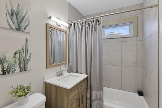 full bathroom with vanity, toilet, and shower / bathtub combination with curtain