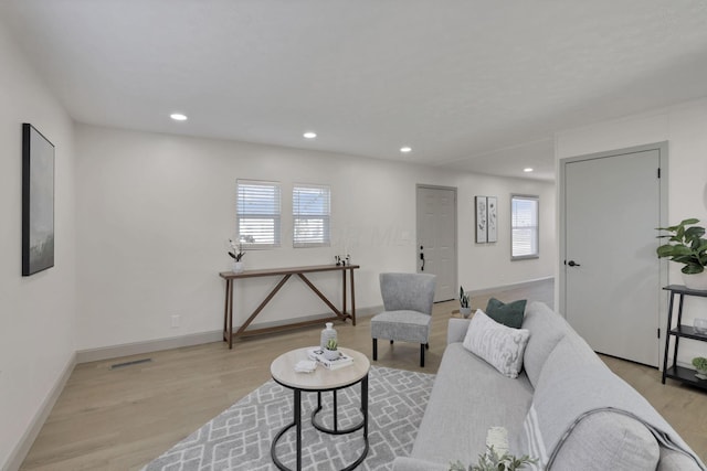 living room featuring a wealth of natural light and light hardwood / wood-style floors