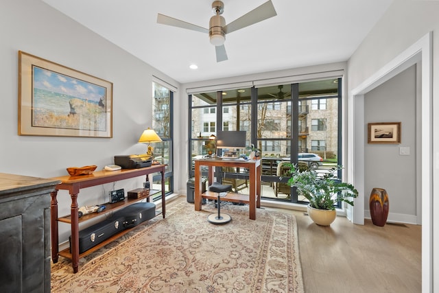 office with light hardwood / wood-style flooring, plenty of natural light, and ceiling fan