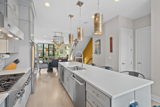 kitchen with gray cabinetry, hanging light fixtures, an island with sink, and appliances with stainless steel finishes