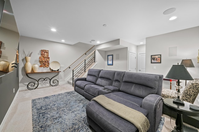 living room featuring light carpet