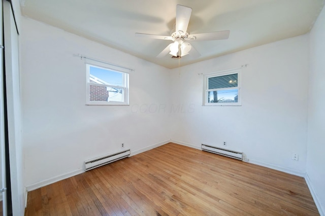 unfurnished room featuring light hardwood / wood-style floors, baseboard heating, and ceiling fan