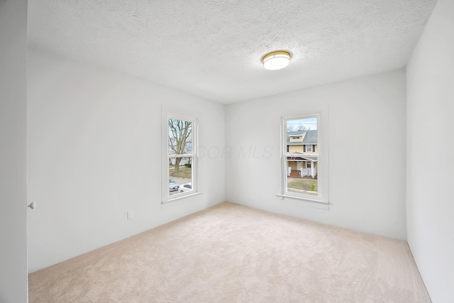 empty room featuring light carpet and a textured ceiling