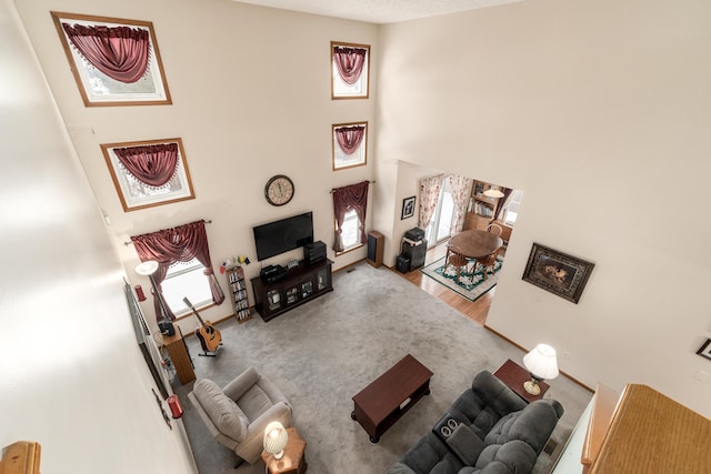 carpeted living room with a high ceiling