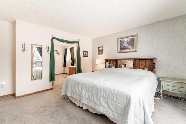 bedroom featuring a textured ceiling and light carpet