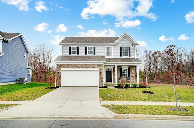 front of property with cooling unit, a front lawn, covered porch, and a garage