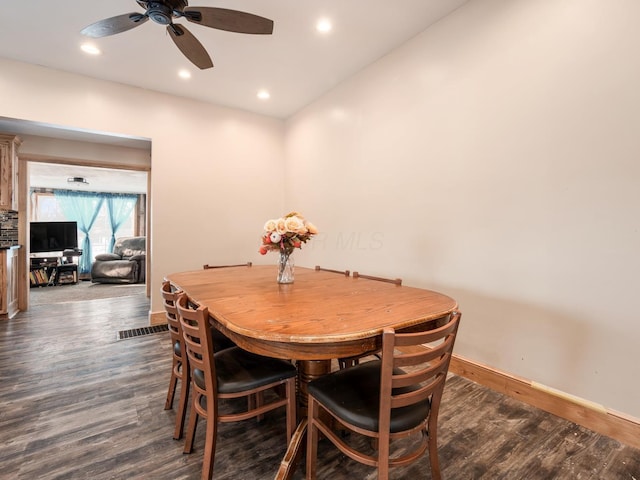 dining area with ceiling fan and dark wood-type flooring