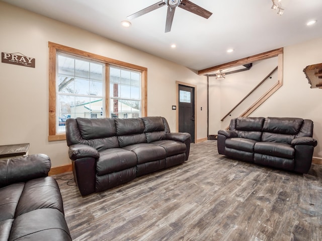 living room featuring hardwood / wood-style flooring and ceiling fan