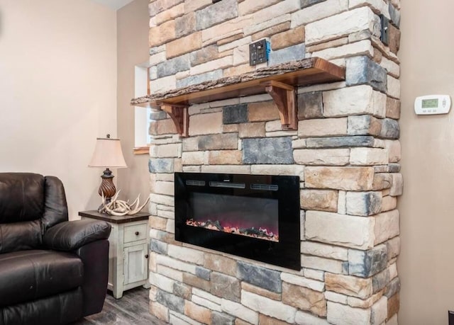 interior space with hardwood / wood-style floors and a fireplace