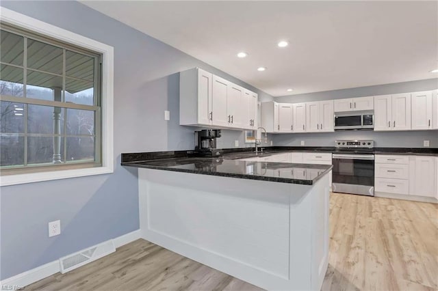 kitchen featuring white cabinets, sink, kitchen peninsula, and stainless steel appliances