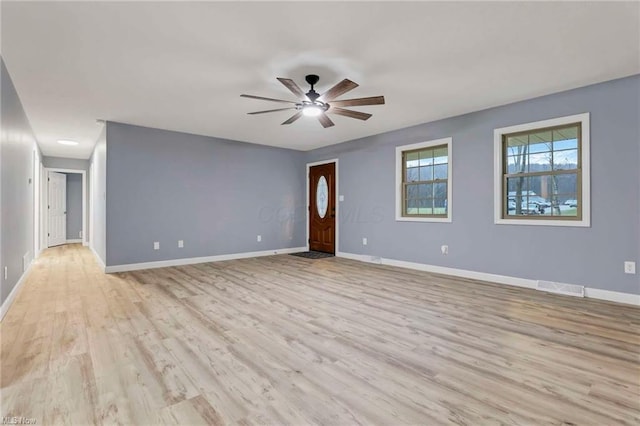 unfurnished living room featuring light wood-type flooring and ceiling fan