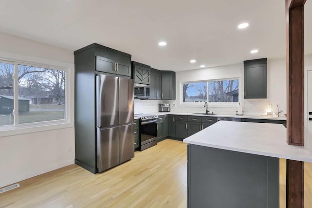 kitchen featuring decorative backsplash, sink, light hardwood / wood-style floors, and appliances with stainless steel finishes