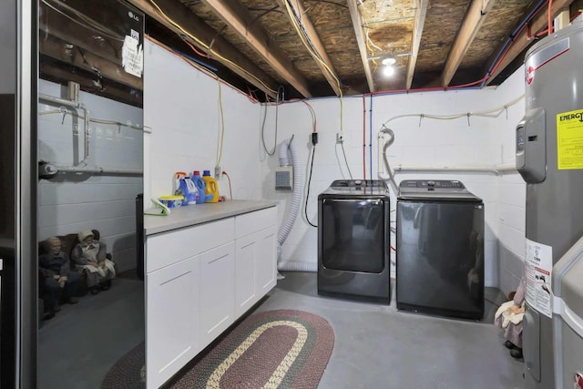 laundry room featuring water heater and washing machine and clothes dryer