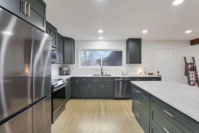 kitchen with decorative backsplash, sink, stainless steel appliances, and light hardwood / wood-style flooring