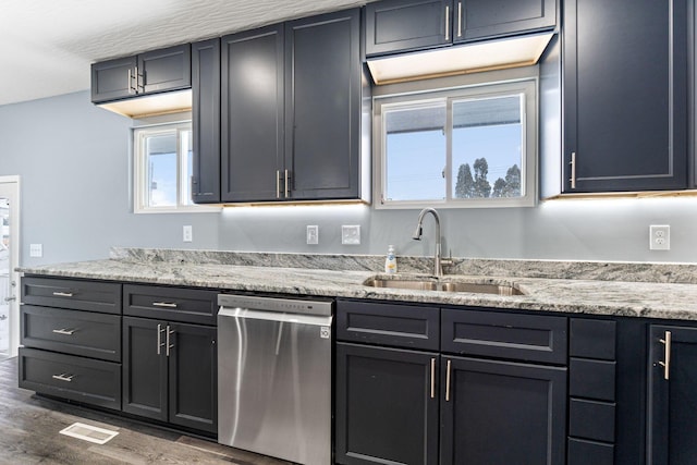 kitchen with dark hardwood / wood-style floors, stainless steel dishwasher, a wealth of natural light, and sink