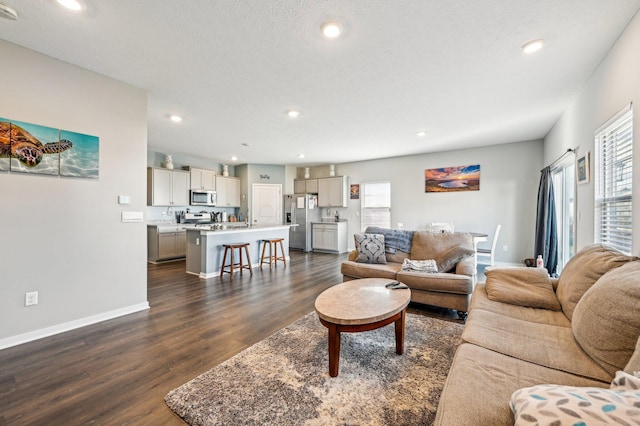 living room with dark hardwood / wood-style flooring and a textured ceiling