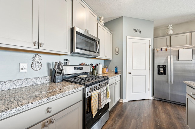 kitchen with a textured ceiling, dark hardwood / wood-style flooring, light stone counters, and stainless steel appliances