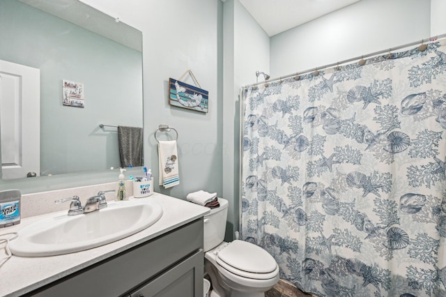 bathroom with vanity, toilet, and curtained shower