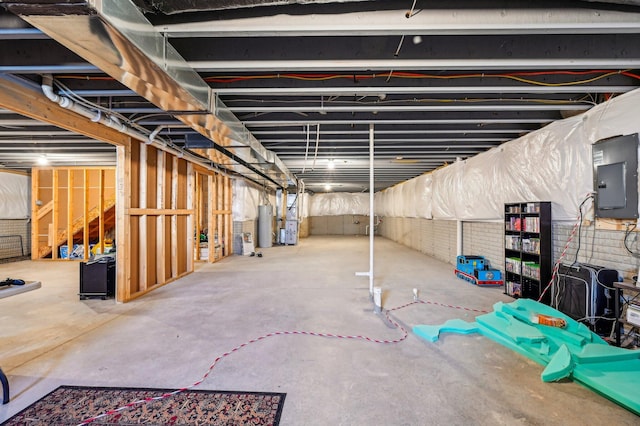 basement with electric panel and water heater