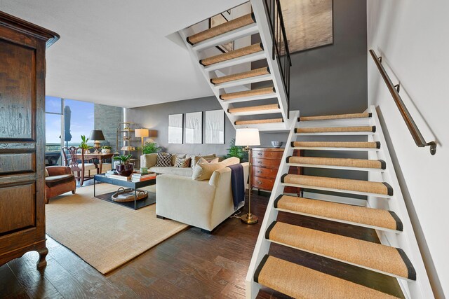 living room with dark hardwood / wood-style flooring and expansive windows