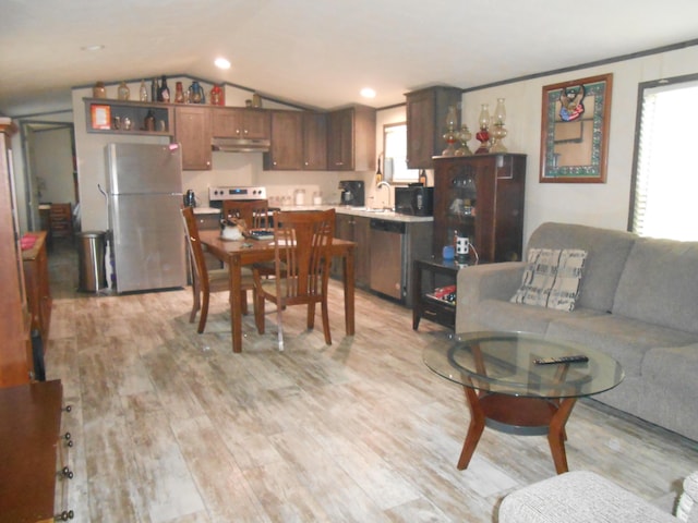 interior space featuring light wood-type flooring, lofted ceiling, and sink