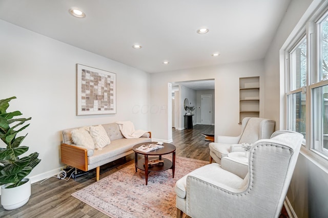 living room featuring dark wood-type flooring