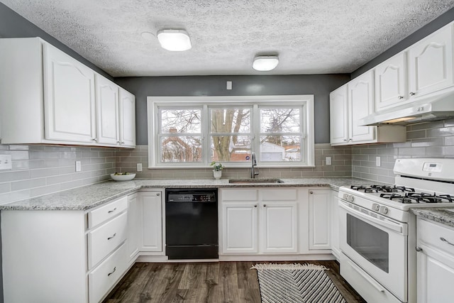 kitchen with white cabinetry, dishwasher, sink, and white range with gas stovetop