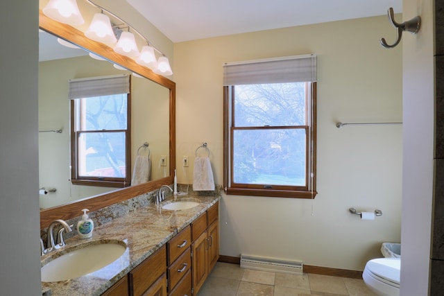 bathroom featuring tile patterned floors, vanity, toilet, and baseboard heating