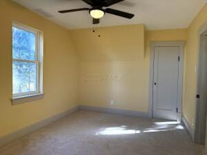 spare room with carpet flooring, a wealth of natural light, and ceiling fan