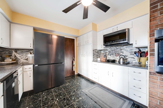 kitchen with black appliances, white cabinets, ceiling fan, and backsplash