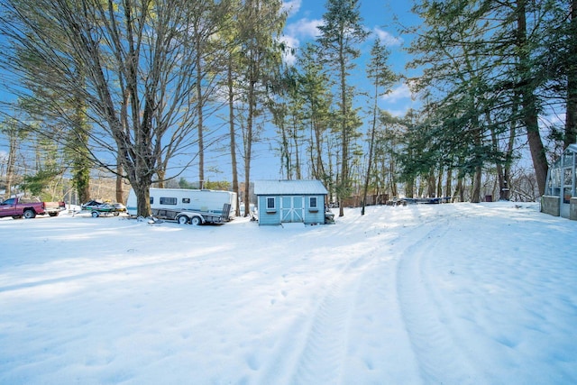 yard covered in snow with an outdoor structure