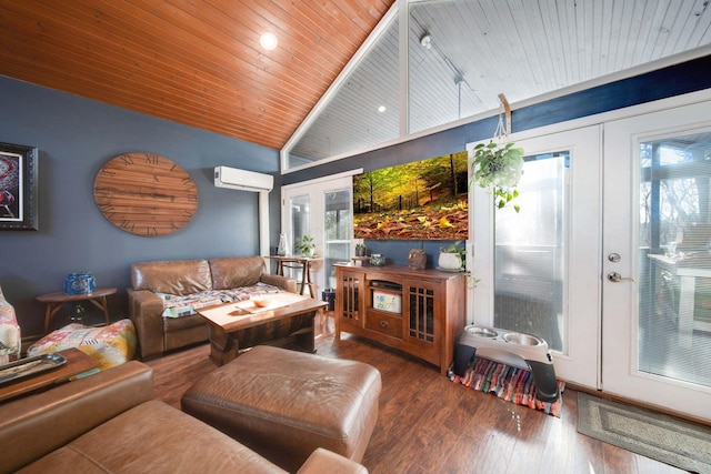 living room featuring wooden ceiling, french doors, and an AC wall unit