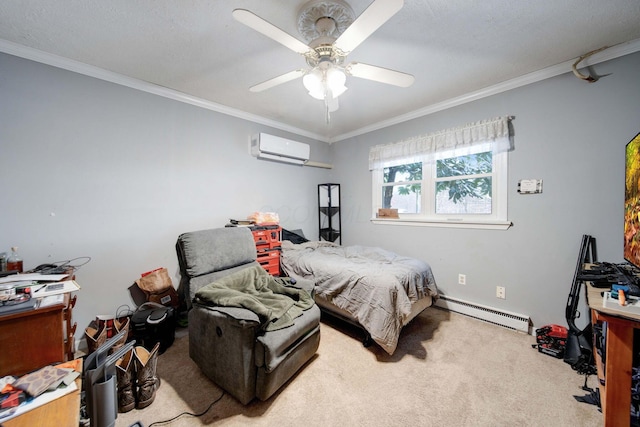 bedroom with baseboard heating, ceiling fan, light colored carpet, crown molding, and a wall mounted air conditioner