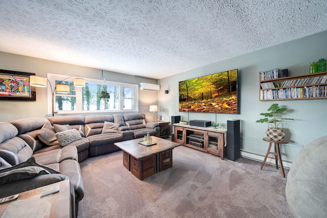 living room with a textured ceiling, carpet floors, a baseboard heating unit, and a wall mounted air conditioner