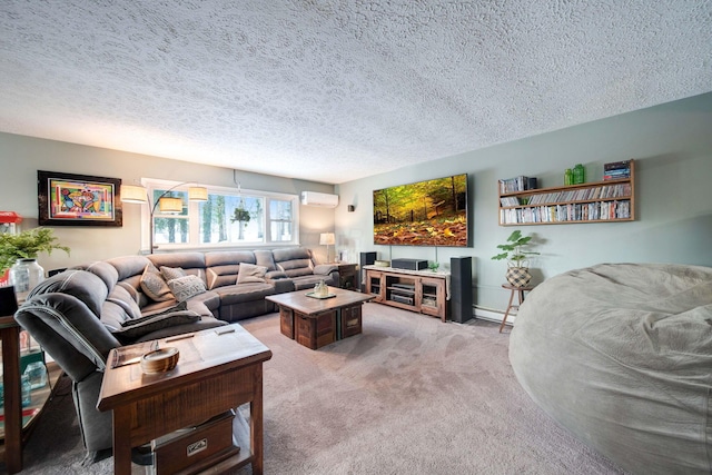 carpeted living room featuring an AC wall unit, baseboard heating, and a textured ceiling