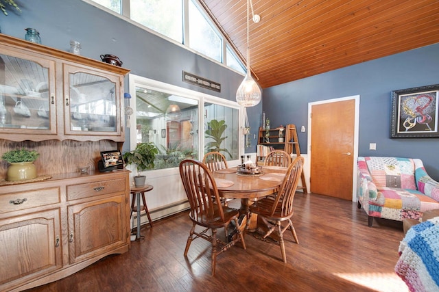 dining space with high vaulted ceiling, a baseboard heating unit, dark hardwood / wood-style flooring, and wood ceiling