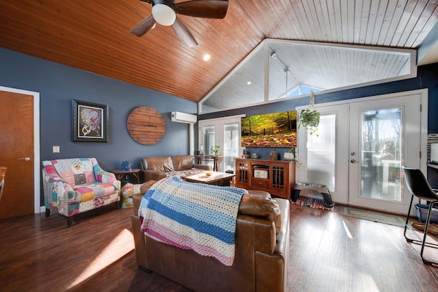 living room with wooden ceiling, hardwood / wood-style floors, french doors, and vaulted ceiling