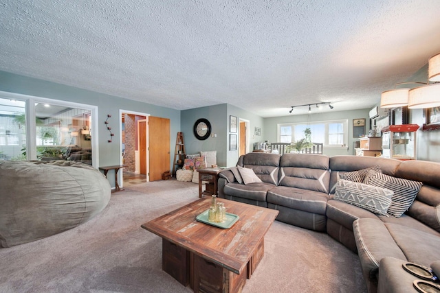 living room with a textured ceiling, track lighting, and carpet flooring