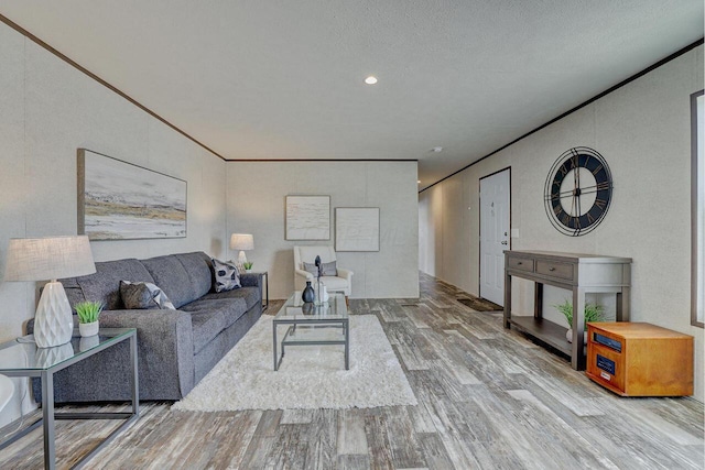 living room with wood-type flooring, a textured ceiling, and crown molding