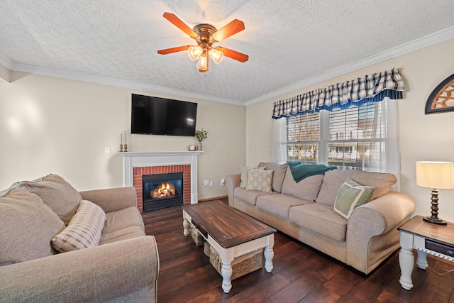 living room featuring a fireplace, a textured ceiling, and dark wood-type flooring