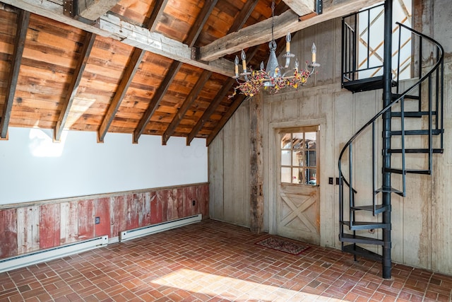 interior space featuring wood ceiling, a baseboard radiator, high vaulted ceiling, and beamed ceiling