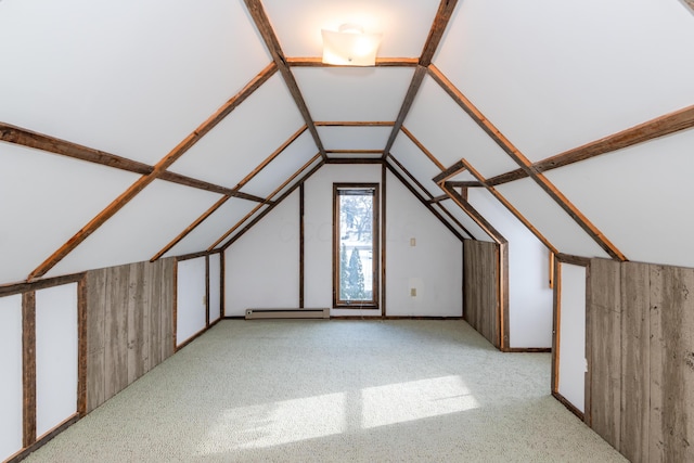 bonus room featuring light carpet, vaulted ceiling, and baseboard heating