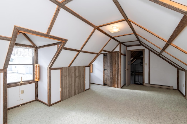 bonus room with lofted ceiling, light carpet, and baseboard heating