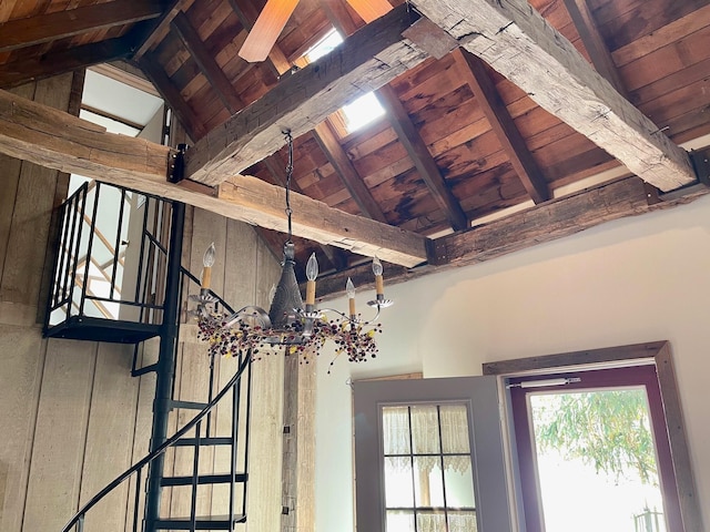 room details featuring wood ceiling and beamed ceiling